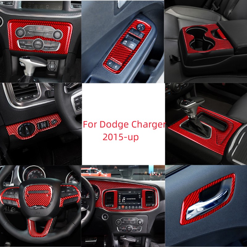 Interior Detailing Kit - แผงที่วางแก้วน้ำที่พวงมาลัยรถยนต์ ลายคาร์บอนไฟเบอร์สีแดง สำหรับ Dodge Charger 2015