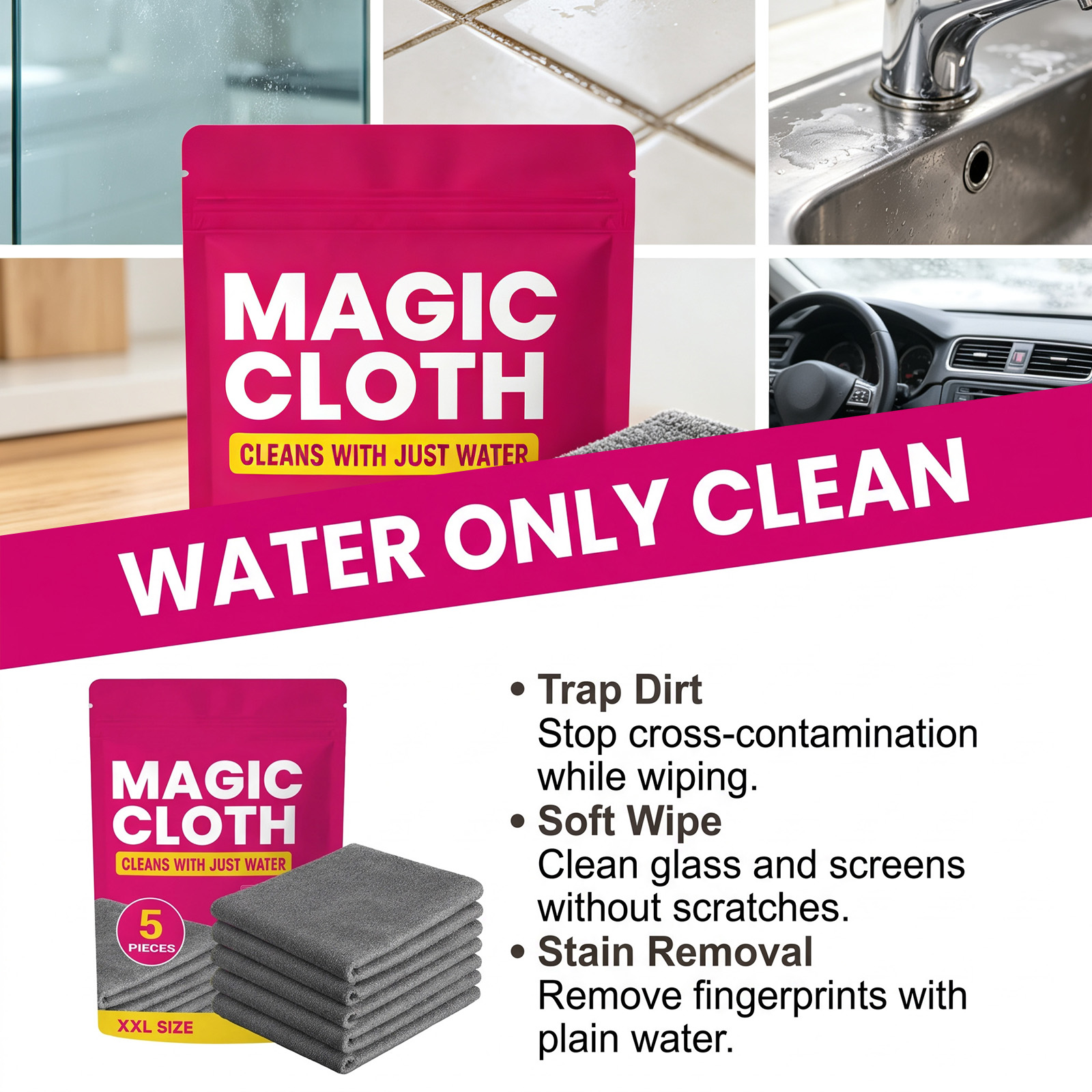 ผ้าทำความสะอาดมหัศจรรย์ 5 ชิ้น - Glass Cleaner Streak บทวิจารณ์และราคา